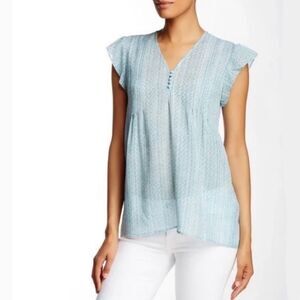 Joie Silk Flutter Sleeve V Neck Sheer Blue Blouse